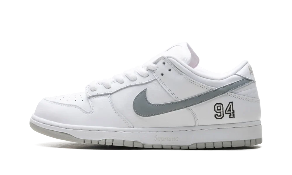 Nike SB Dunk Low Supreme White Metallic Silver 1